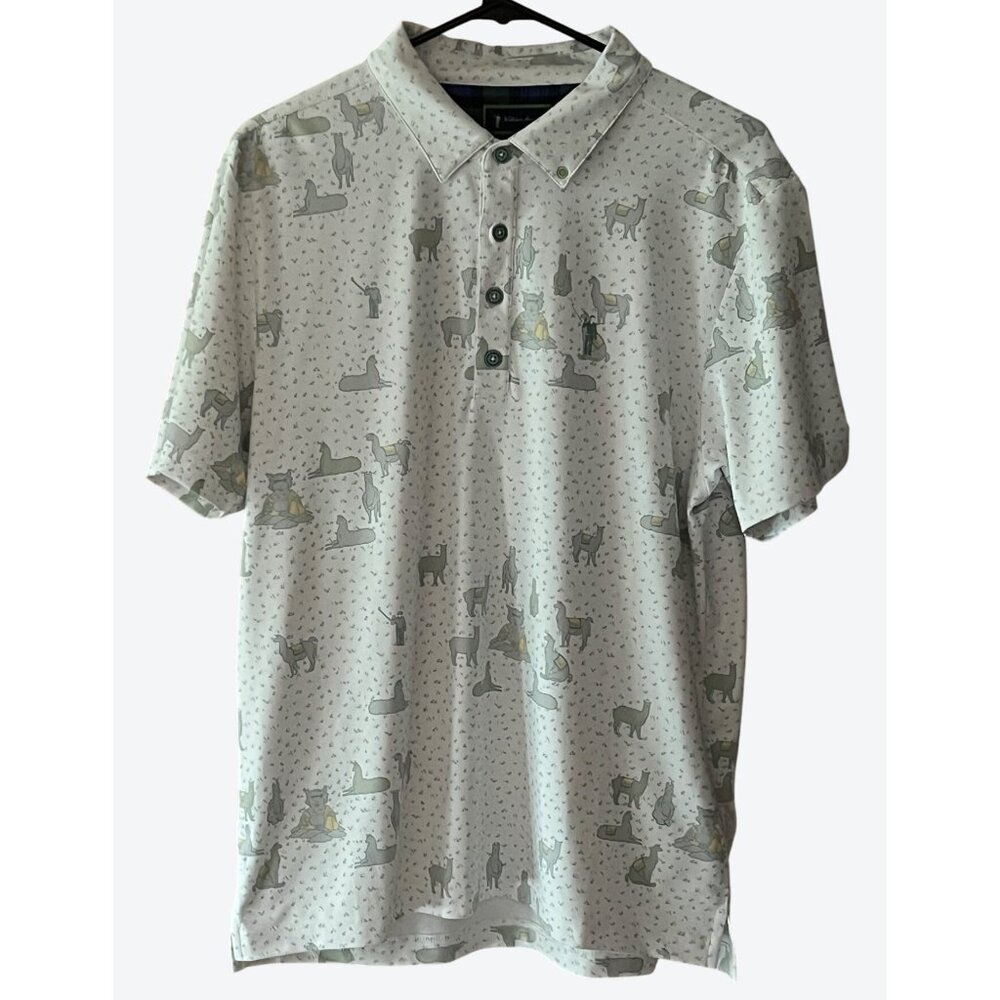 William Murray Men's Medium 1/4 Button Muted White Gray Green Yellow Llama Polo